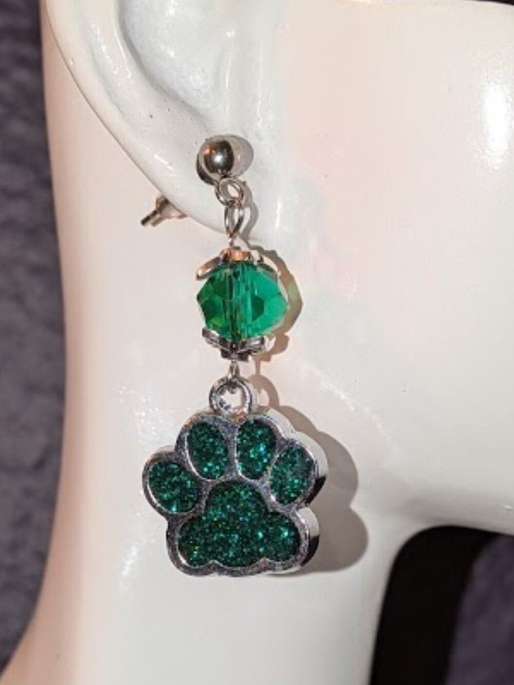 :"Emerald Green" Sparkle Paw Print Earrings